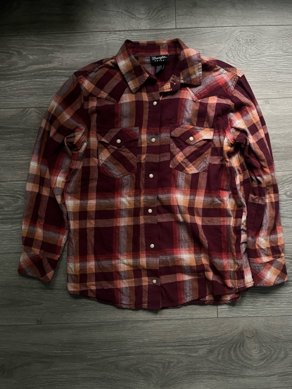 Wrangler Retro Orange Maroon Cotton Pearl Snap Cowgirl Western Fall Flannel M